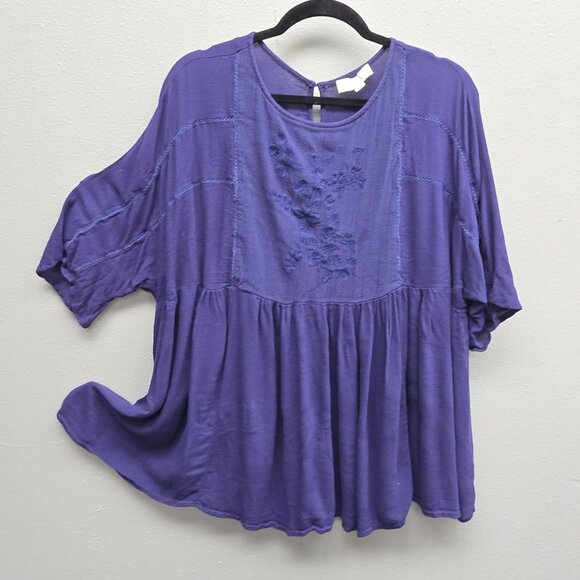 Suzanne Betro Weekend Shirt Womens 2X Purple Embroidered Boho Peasant Tunic - Picture 1 of 10